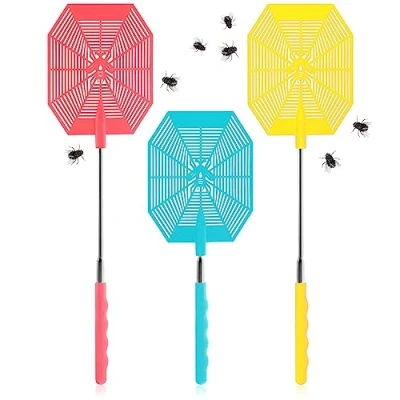 Afbeelding van COM FOUR® 3x vliegenmepper met telescoop, uitschuifbaar 27 58 cm, telescopische mepper om vliegen, wespen, muggen en andere insecten af te weren stabiele insectenmepper (003 stuks blauw geel roze)