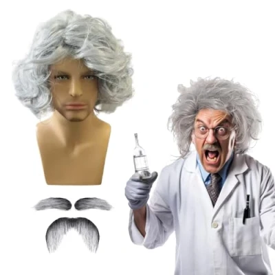 Afbeelding van QSZHSL 3 stuks grijze pruikenset met baard, gekke wetenschapperskostuum, pruik voor mannen, opa pruiken, wetenschapper professor, verkleedpruik feest, cosplay, Halloween (3 stuks)
