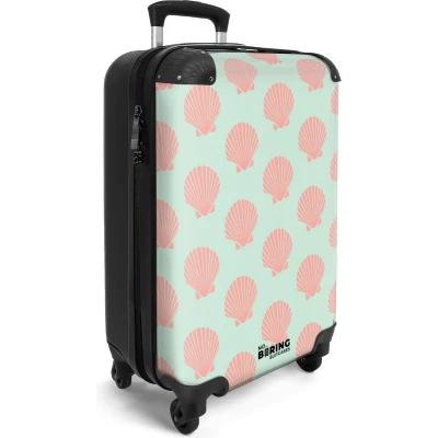 Afbeelding van NoBoringSuitcases.com® Handbagage koffer lichtgewicht Reiskoffer trolley Blauw met roze schelpen Rolkoffer wieltjes Past binnen 55x40x20 en 55x35x25