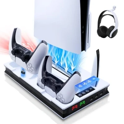 Afbeelding van Tolesum Verticaal PS5 Slim Ventilator Stand Koelstation, Oplaadstation voor / UHD/Digitale Editie, dubbele Controller Oplader, met Headset Houder, 3 USB poorten Wit