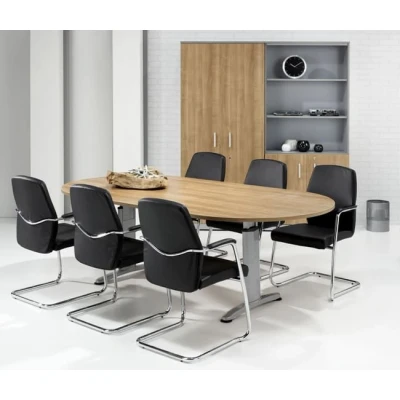 Afbeelding van Hoogte verstelbare ovale t poot vergadertafel Work breed 240CM diep 120CM bladkleur Beuken framekleur Aluminium (RAL9006)