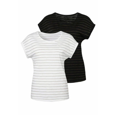 Afbeelding van Lascana 2 PACK Tshirt print, Dames, Maat: 48/50, Weiß/schwarz