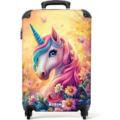 Afbeelding van NoBoringSuitcases.com® Kinderkoffer meisje Kindertrolley meisjes Eenhoorn met kleurrijke bloemen Handbagage koffer lichtgewicht Reiskoffer trolley kinderen Rolkoffer wieltjes Past binnen 55x40x20 en 55x35x25