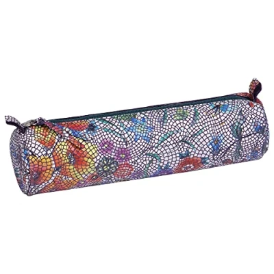 Afbeelding van Clairefontaine 410107C Schooletui, rond, bloemenpatroon, schubbeneffect, Ø 5,5 x 22 cm, van echt lamsleer, schoolbenodigdheden, etui met kleurpotloden, pennenhouder