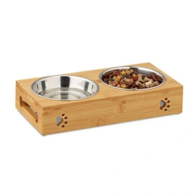 Afbeelding van relaxdays voerbak hond met standaard hondenvoerbak drinkbak voederbak bamboe rvs