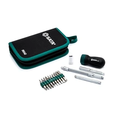 Afbeelding van SATA ST09342SJ 25 st. Ratcheting Stubby schroevendraaier Set met handige hoes houdt extra bits georganiseerd en gemakkelijk toegankelijk