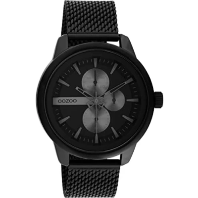 Afbeelding van Oozoo Herenhorloge met roestvrijstalen Milanees Armband 45 mm diameter chrono look wijzerplaat, zwart/zwart,