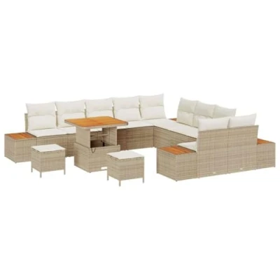 Afbeelding van vidaXL 13 delige tuinset met kussens Beige Poly Rattan Acacia