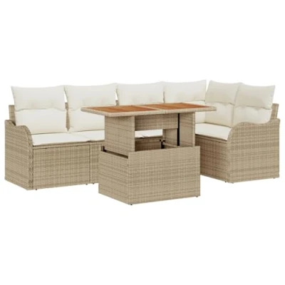 Afbeelding van vidaXL 6 delige Tuin Sofa Set met Kussens Beige Poly Rattan, 2 Zits Opslag &amp; Rattan