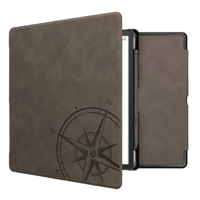 Afbeelding van kwmobile e reader hoesje geschikt voor Amazon Kindle Scribe hoes Ereader flip case met standaard Kunstleren cover Vintage Kompas design in grijs