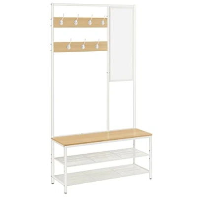 Afbeelding van VASAGLE kapstok, garderobe, kapstok met haken, spiegel, bank, 35 x 98 180 cm, voor entree, slaapkamer, woonkamer, modern, eikenkleurig wit HSR415W09