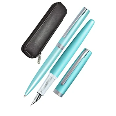 Afbeelding van Online Eleganza Schrijfset I bevat balpen, vulpen, echt lederen etui kleur satijn turquoise 3 delig in hoogwaardige geschenkdoos vulpen voor standaardpatronen 34646