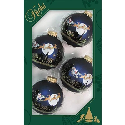 Afbeelding van Dekohelden24 Lauschaer Kerstboomversiering, set van 4 ballen in blauw mat met kerstscène, 7 cm, gouden kroon