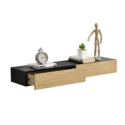 Afbeelding van [en.casa] Wandplank met lade 50x24x12cm 2 stuks set zwart en houtlook