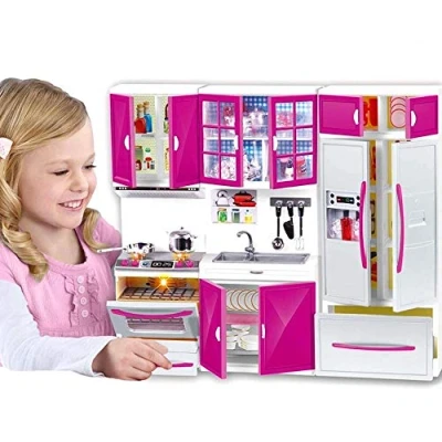 Afbeelding van Poppenkeuken speelgoed poppenhuismeubel voor kinderen, realistische verlichting en geluiden met werkende kookplaat, oven, wastafel, kastdeuren, koelkast vele speelaccessoires, 40 x 30 cm