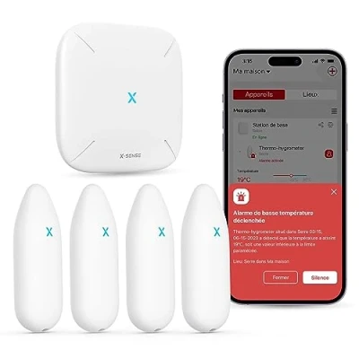 Afbeelding van X Sense SBS50 Draadloze hygrometer, thermometer voor binnen, temperatuur en luchtvochtigheidsbewaking via app, 500 m bereik, gratis gegevensexport, compatibel met Alexa, 4 sensoren 1 basisstation