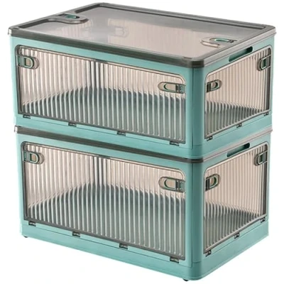Afbeelding van Creahaus 2 stuks 28 liter plastic opbergbakken met wielen, vijf deuren stapelbare opbergbakken, speelgoed organizer container, vuilnisbak voor organisatie, opbergkast (blauw)