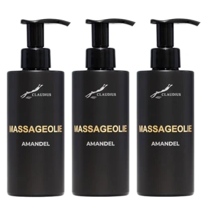 Afbeelding van Massageolie Amandelolie 300 ml met pomp zwarte fles 100% natuurlijk biologisch en koud geperst set van 3 stuks Voordeelverpakking