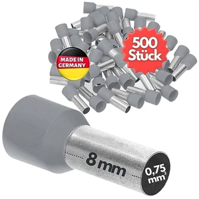 Afbeelding van 500 stuks Kalitec AE07508GR adereindhulzen geïsoleerd 0,75 mm² 8 mm lang grijs I Made in Germany Industriële kwaliteit