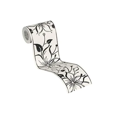 Afbeelding van GRAFISCHE BLOEMEN BEHANGRAND Zelfklevend wit zwart zilver A.S. Création Only Borders 11