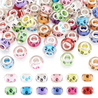 Afbeelding van Craftdady 50 stuks groot gat acryl Europese spacer kralen gemengde kleuren 14x9 10mm hondenpoot bedrukt rondelle slider charme met metalen kern voor slang ketting sieraden maken gat: 5 mm