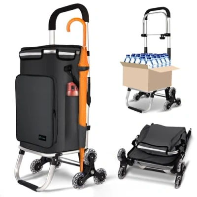 Afbeelding van VOUNOT boodschappentrolley met 6 wielen van aluminium waterdicht geïsoleerd vak en haken, opvouwbaar, 3 in 1, grote capaciteit, trappenwagen, zwart