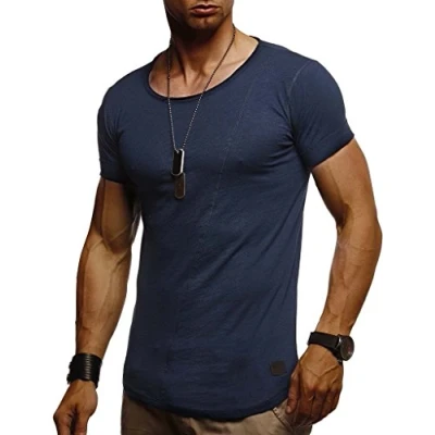 Afbeelding van Leif Nelson T shirt voor heren, zomer, ronde hals, 100% katoen, regular fit, kraag, casual basic heren met korte mouwen, donkerblauw, M