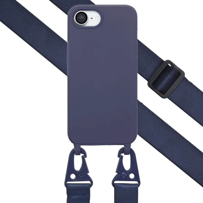 Afbeelding van iPhone SE 4 Hoesje Siliconen en TPU (zacht) Selencia Backcover met koord/Softcase/Koordhoesje Donkerblauw Telefoonhoesje