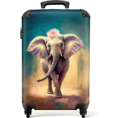 Afbeelding van NoBoringSuitcases.com® Kinderkoffer Olifant Verf Bloemen Kind Meisjes Reiskoffer kinderen Past binnen 55x40x20 cm en 55x35x25 Trolley op wieltjes Handbagagekoffer Koffer meisje