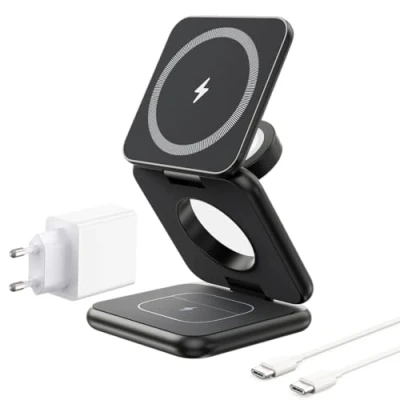 Afbeelding van KU XIU X40 3 in 1 opvouwbaar magnetisch draadloos laadstation, Mag Safe laadstation voor iPhone 16/15/14/13/12 serie, 5 W snellader Apple Watch en AirPods Pro 4/3/2, zwart