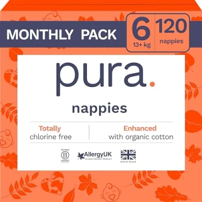 Afbeelding van Pura Eco babyluiers maat 6 (13 kg+/30 lbs+), x 20 luiers (120 totaal), maandpakket, ultrazachte voor de gevoelige huid, biologisch katoen, tot 12 uur lekbescherming, nieuwe maatgids
