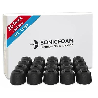 Afbeelding van SONICFOAM Geheugenschuim oordopjes Premium geluidsisolatie, vervangende schuimoortelefoon tips, 20 stuks voor in ear hoofdtelefoon (SF1 groot, zwart)