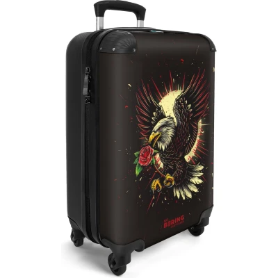 Afbeelding van NoBoringSuitcases.com® Handbagage koffer lichtgewicht Reiskoffer trolley Zwart met adelaar en rode bloem Rolkoffer wieltjes Past binnen 55x40x20 55x35x25