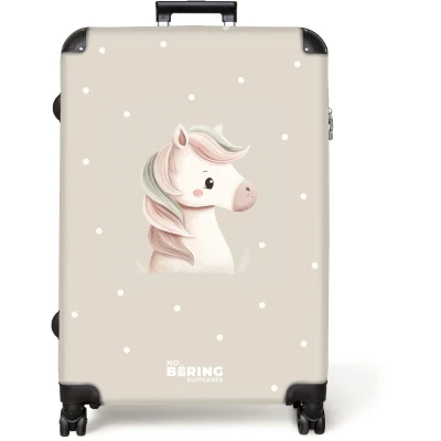 Afbeelding van NoBoringSuitcases.com® Koffer groot Reiskoffer lichtgewicht Eenhoorn omringd door stippen in beige kleuren Rolkoffer met 4 wielen Grote trolley XL 98 liter bagage