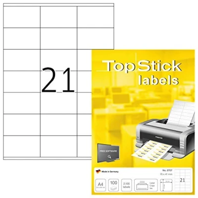 Afbeelding van TopStick 8707 adresstickers A4 (70 x 41 mm, 100 velle, papier, mat) zelfklevend, bedrukbaar, permanente klevende universele etiketten, 2.100 etiketten voor printer, wit