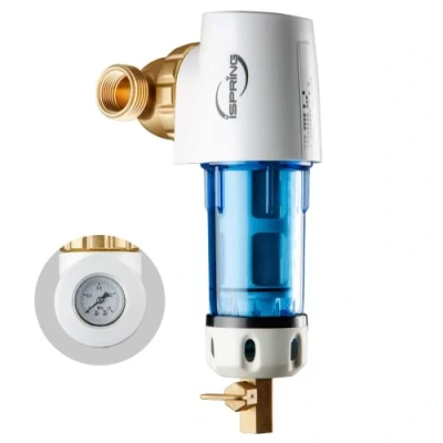 Afbeelding van iSpring WSP50GR Herbruikbaar Spin Down Sediment Waterfilter, 50 Micron met ingebouwde huisschraper, 360 draaibare kop, manometer, Blauw