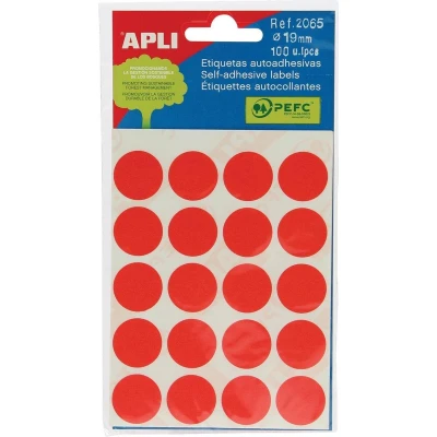 Afbeelding van Apli ronde etiketten in etui diameter 19 mm, rood, 100 stuks, 20 per blad (2065) etiket