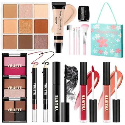 Afbeelding van YBUETE make upkit voor tieners, meisjes, vrouwen, reismake upkit, draagbare upset beginners en professionals, cosmetische bundel inclusief foundation, oogschaduwpalet, lippenstift, eyeliner,