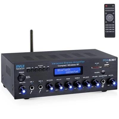 Afbeelding van Pyle Draadloze Bluetooth Stereo Versterker Multi Channel, 200 Watt Audio ontvangersysteem voor thuis met FM radio, Bluetooth, USB, SD, AUX, RCA, microfooningang, en antenne**