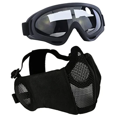 Afbeelding van Aoutacc Airsoft beschermende uitrusting, set met halfgelaatsmaskers oorbescherming en bril voor CS / jacht paintball schietsport, zwart