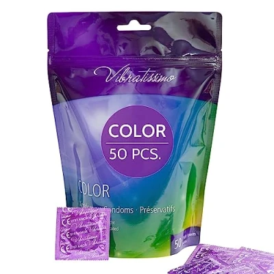 Afbeelding van VIBRATISSIMO Color condooms 50 pack I authentiek gevoel &amp; extra vochtig voor mannen Kleurrijke Kleurrijk condoompakket in rood, zwart, groen, geel, goud