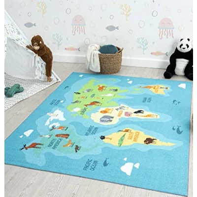 Afbeelding van the carpet Happy Life Speeltapijt voor kinderen, wereldkaart, aarde, dieren, blauw, wasbaar, 140 x 200 cm