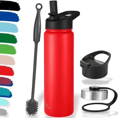Afbeelding van Milu Roestvrijstalen drinkfles, 500 ml, 750 1000 ml (+ 3 deksels), thermosfles met rietje, geïsoleerde waterfles, lekvrije thermosbeker, dubbelwandig, geschikt voor koolzuurhoudende dranken, rood,