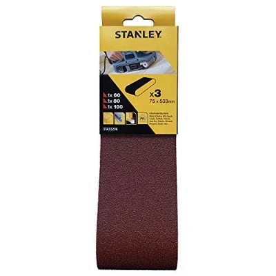 Afbeelding van Stanley Schuurbandset voor bandschuurmachines (75 x 533 mm, 1 K60, K80, K100, geschikt Black+Decker bandschuurmachine BD75, BD75E, KA75E, KA88) STA33206