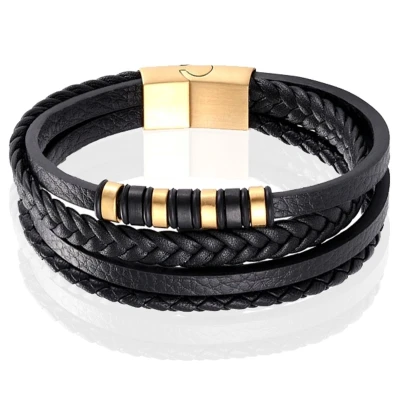 Afbeelding van Leren heren armband Multi Mendes Edelstaal Goudkleurig Zwart 21cm