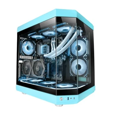 Afbeelding van Mars Gaming MC 3T, Custom ATX Case, Drievoudig Venster Continu Gehard Glas, Volledige Ondersteuning Vloeistofkoeling, Dual Side Camera, 3x Verticale PCI Slots, USB C en 3.0, Blauw