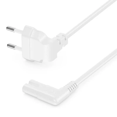Afbeelding van deleyCON 1m netkabel met Platte Haakse Eurostekker 90 Haaks op C7 contactdoos Euro Voedingskabel Kabel Voor Kleine Apparaten Wit