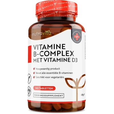 Afbeelding van Nutravita vitamine B Complex High Potency multivitaminen met B1 B2 B3 B5 B6 B12 (1 volledige jaarvoorraad), supplementen foliumzuur, D3 en biotine in 1 microtablet van hoge sterkte voor vermindering vermoeidheid
