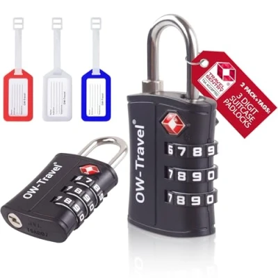 Afbeelding van OW Travel TSA Slot ABS + 3 bagage labels. Hangslot met cijfercode. Cijferslot cijfers. Bagageslot Cijfercodeslot. Cijfersloten voor koffer rits tas rugzak.Kofferslot cijfercode Zwart Stuks