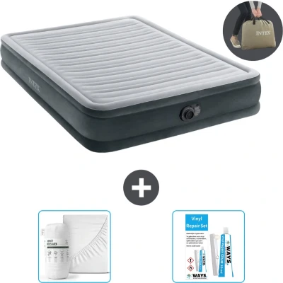 Afbeelding van Intex Luchtbedset 2 Persoons 152 x 203 33 cm Grijs Met Ingebouwde pomp + Hoeslaken Wit Reparatieset